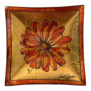 Vintage Count Agassi Hand-Painted Glass Dish – Gold Foil Floral Tray – Mid-Centu